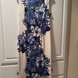 London Times Cream Midi Dress with Blue Floral Print